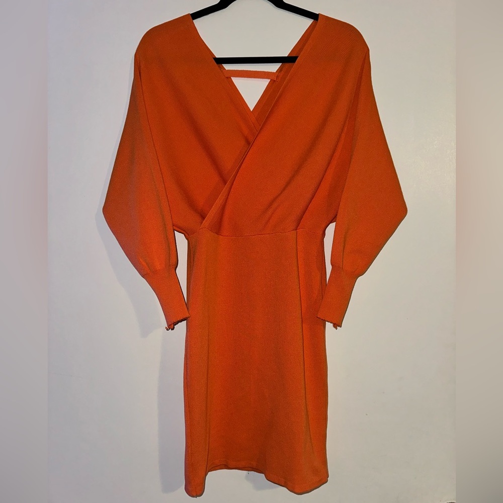 Orange criss cross sweater dress midi dress batwing long sleeve
